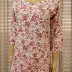 Alternative view of Floral Prints with Kantha & Sequence work Cotton Kurta Set - White & Pink