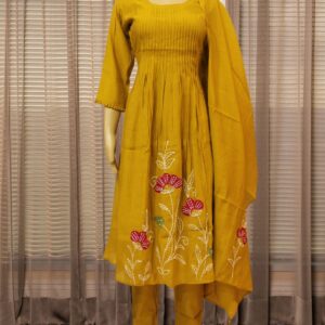 Floral Applique work Mul Chanderi Kurta Set - Mustard