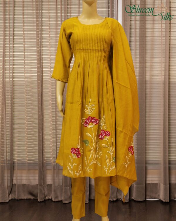Floral Applique work Mul Chanderi Kurta Set - Mustard