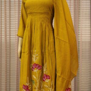 Alternative view of Floral Applique work Mul Chanderi Kurta Set - Mustard