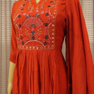 Alternative view of Thread & Mirror work on Yok Mul Chanderi Anarkali Kurta Set - Orange