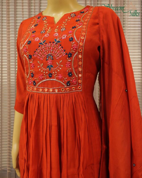 Thread & Mirror work on Yok Mul Chanderi Anarkali Kurta Set - Orange - Image 2