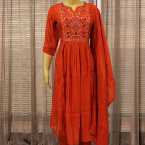 Thread & Mirror work on Yok Mul Chanderi Anarkali Kurta Set - Orange