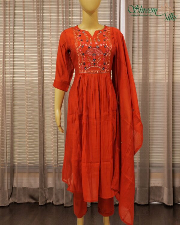 Thread & Mirror work on Yok Mul Chanderi Anarkali Kurta Set - Orange