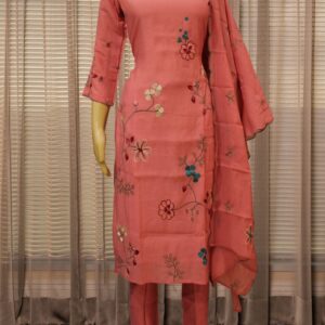 Alternative view of Floral Embroidered Mul Chanderi Kurta Set - Pink