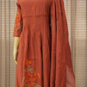 Floral Embroidered Mul Chanderi Anarkali Kurta Set - Rust