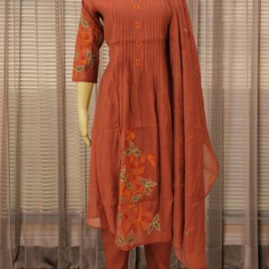 Alternative view of Floral Embroidered Mul Chanderi Anarkali Kurta Set - Rust