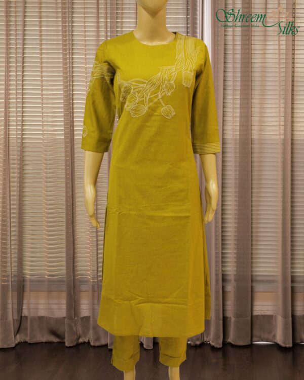 Floral Thread work Cord Set - Light Olive - Image 2