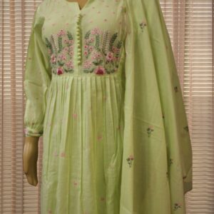Alternative view of Pista Green with Pink Thread Embroidery Mul Cotton Anarkali Kurta Set