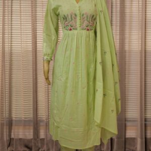 Pista Green with Pink Thread Embroidery Mul Cotton Anarkali Kurta Set