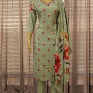 Pista Green and Pink Floral Prints and Beads work on Neck Line Kurta Set