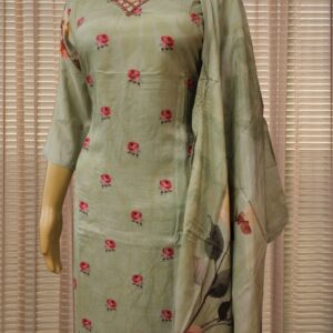 Alternative view of Pista Green and Pink Floral Prints and Beads work on Neck Line Kurta Set