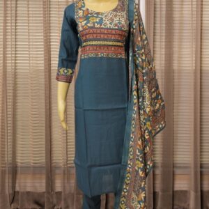 Blue with Kalamkari Prints and Beads Work Kurta Set