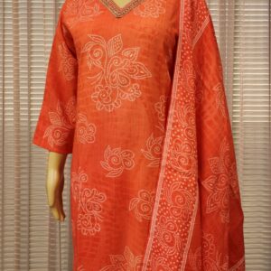 Alternative view of Orange with White Prints & Cut Dana work on Neck Line Kurta Set