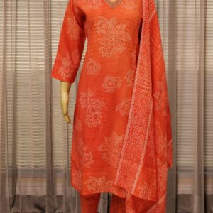 Orange with White Prints & Cut Dana work on Neck Line Kurta Set