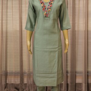 Green with Multicolour Thread Embroidery on Neckline Cord Set