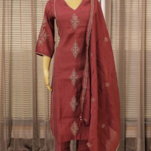 Dusty Maroon with Golden Thread Motifs Mul Chanderi Anarkali Kurta Set