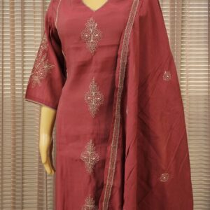 Alternative view of Dusty Maroon with Golden Thread Motifs Mul Chanderi Anarkali Kurta Set