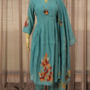 Teal with Multicolour Thread work Motifs Mul Chanderi Anarkali Kurta Set