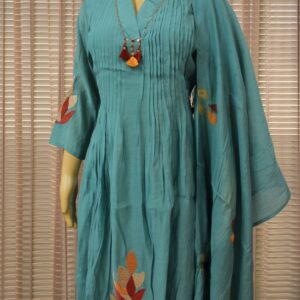 Alternative view of Teal with Multicolour Thread work Motifs Mul Chanderi Anarkali Kurta Set