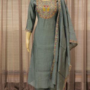 Grey with Gold Thread work on Yok Mul Chanderi Anarkali Kurta Set