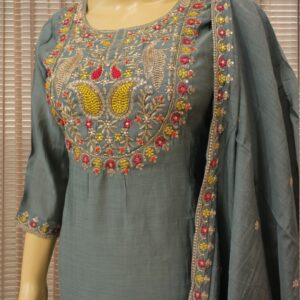 Alternative view of Grey with Gold Thread work on Yok Mul Chanderi Anarkali Kurta Set