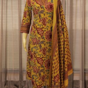 Alternative view of Mustard with Maroon Kalamkari Prints Cotton Kurta Set