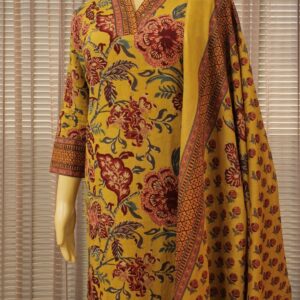 Mustard with Maroon Kalamkari Prints Cotton Kurta Set