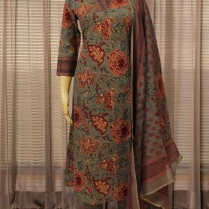 Grey with Maroon Kalamkari Prints Cotton Kurta Set