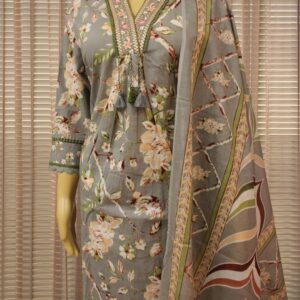 Grey & Green Printed Cotton Anarkali Kurta Set