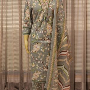 Alternative view of Grey & Green Printed Cotton Anarkali Kurta Set