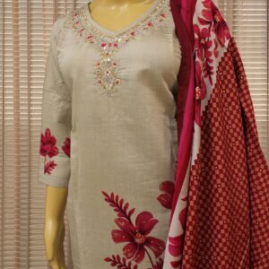 Alternative view of Grey & Pink Printed with Cut Dana work on Neck Line Kurta Set