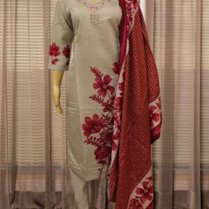 Grey & Pink Printed with Cut Dana work on Neck Line Kurta Set