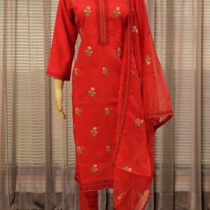 Pinkish Red with Floral Embroidery & Sequence Kurta Set