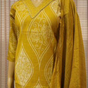 Thread work on Neckline Printed Kurta Set - Mustard