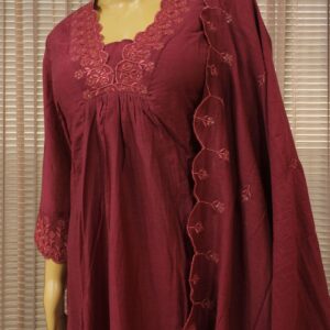 Alternative view of Scallop Embroidery on Neckline Mul Chanderi Anarkali Kurta Set - Magenta