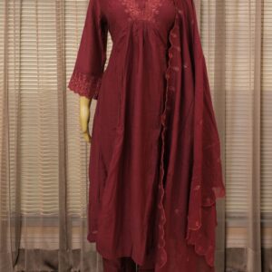Scallop Embroidery on Neckline Mul Chanderi Anarkali Kurta Set - Magenta
