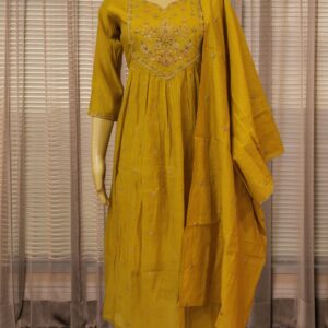 Alternative view of Multicolor Floral Embroidery on Yok Mul Chanderi Kurta Set - Mustard