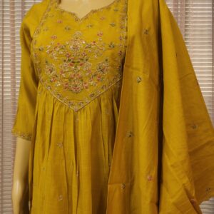 Multicolor Floral Embroidery on Yok Mul Chanderi Kurta Set - Mustard