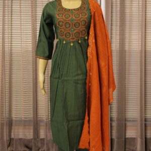 Embroidered Geometrical Pattern with Mirror work Kurta Set - Green