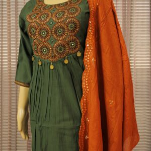 Alternative view of Embroidered Geometrical Pattern with Mirror work Kurta Set - Green